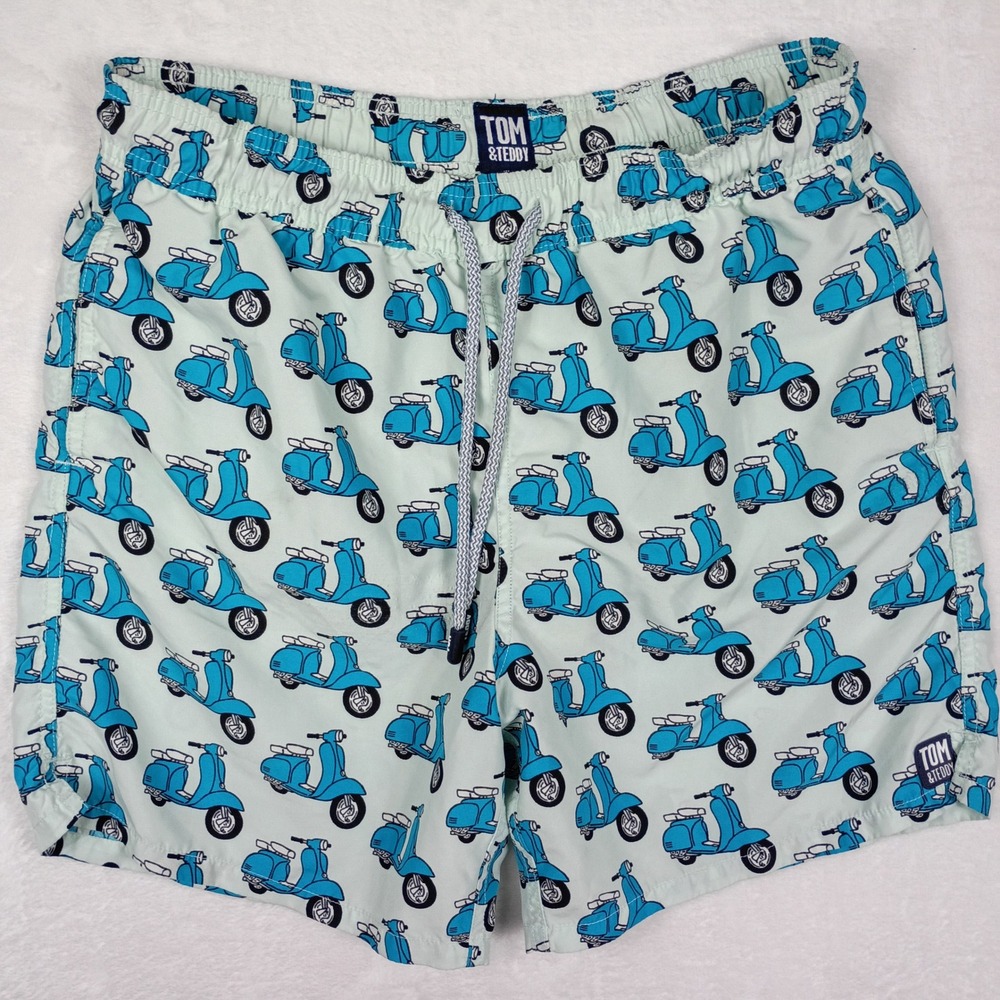 Tom & Teddy‎ Mens Blue Scooter Print Swim Trunks Mint  Medium M